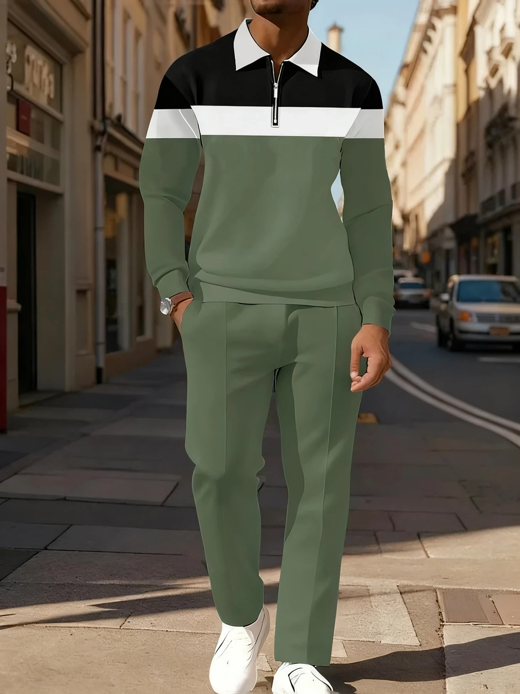 Men's Simple Black Green White Stripes King Printed POLO Long-sleeved Trousers Two-piece Set