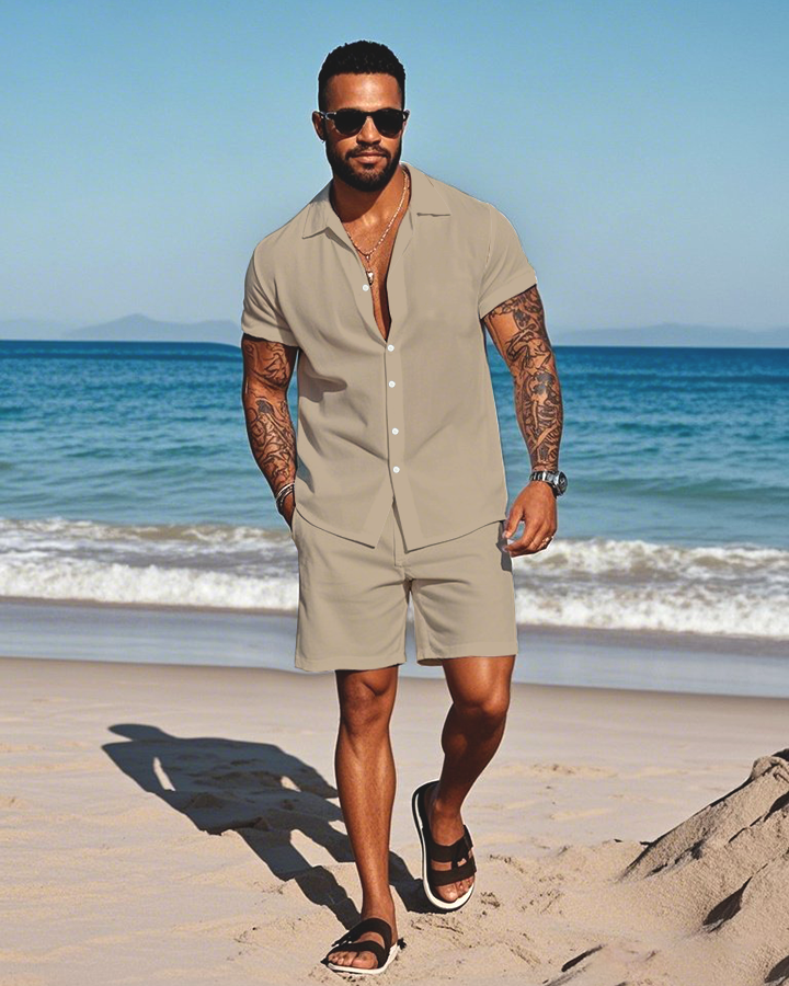 Men's Fashion Casual Lapel Collar Solid Color Short-Sleeved Two-Piece Set