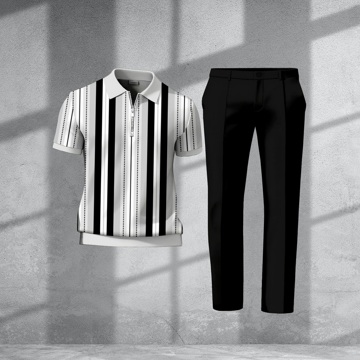 Men's Casual Gray & Black Color Matching Striped Printed Short Sleeved Zipper Polo Shirt & Trousers Two-Piece Set