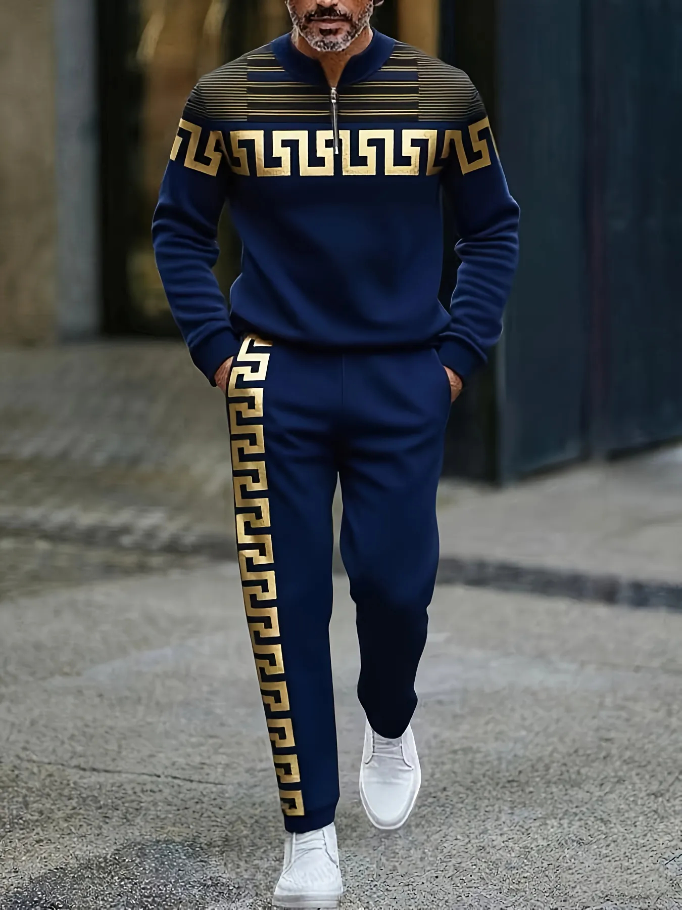 Men's Casual Color Matching Printed Round-Neck Zipper Long Sleeved Trousers Two-Piece Set