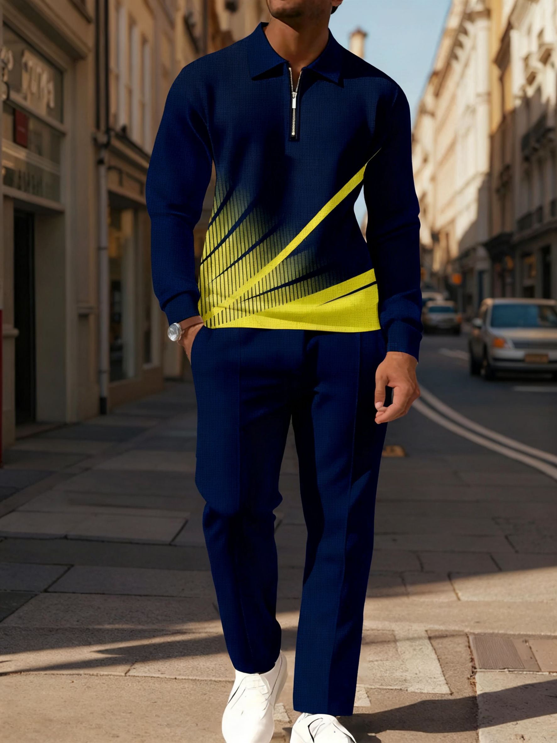 Men's Gradient Casual Long Sleeve Polo Shirt Set 120