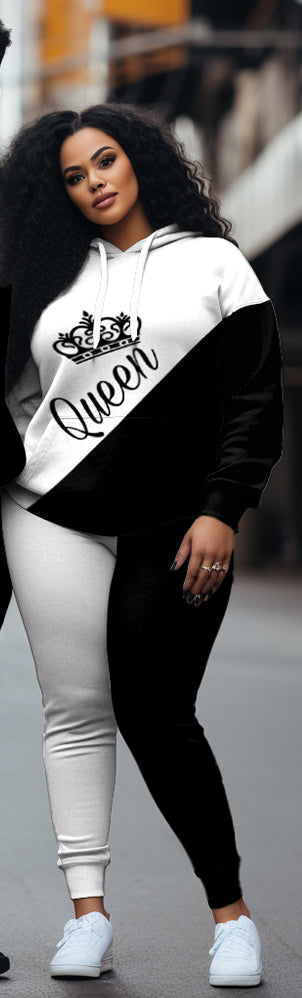 Couple's Large Size Casual Couple Outfit Color Blocked KING QUEEN Hoodie Set