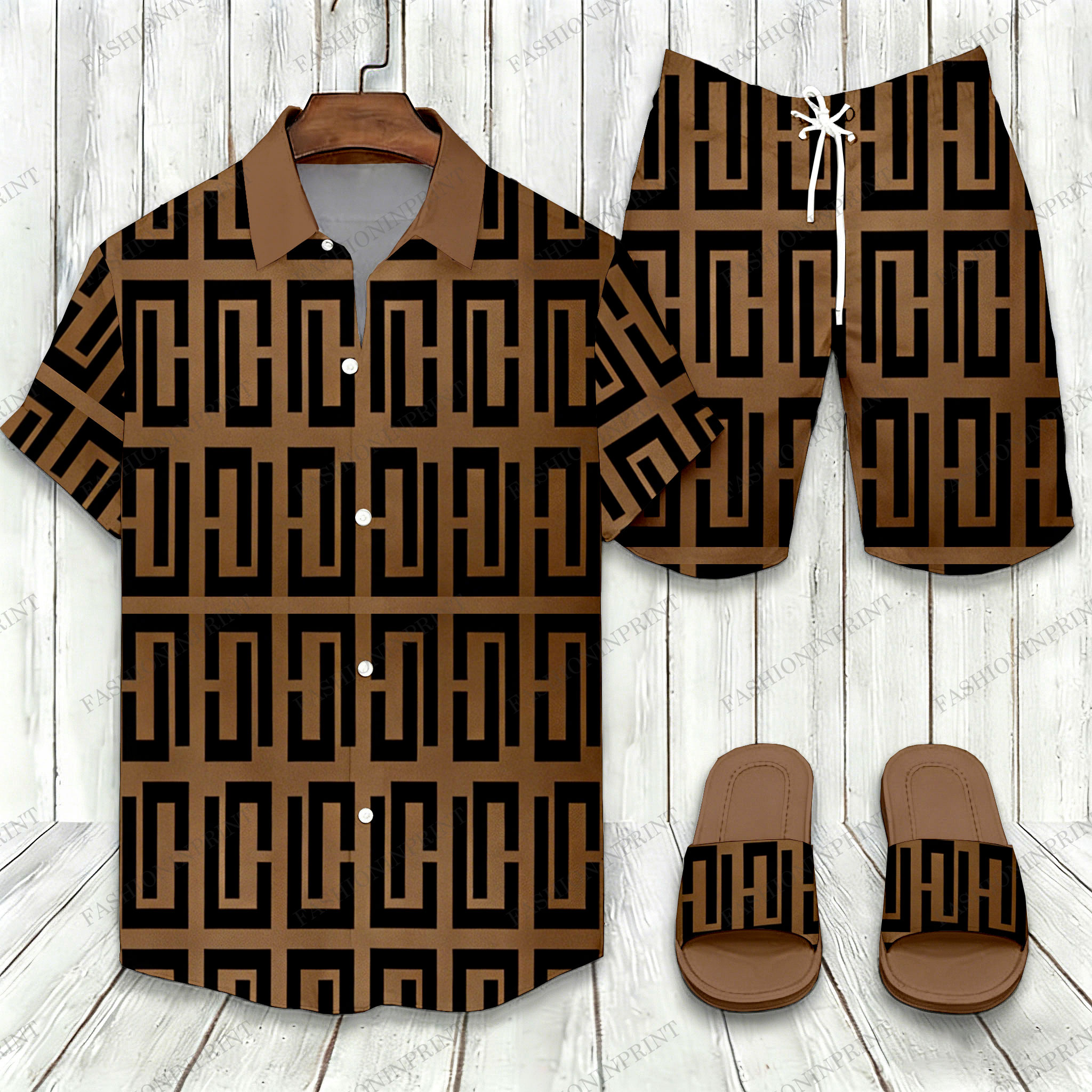 Men's Casual Brown & Black Color Matching Retro Style Checkered Print Short-Sleeve Shirt & Shorts & Slippers Three - Piece Set
