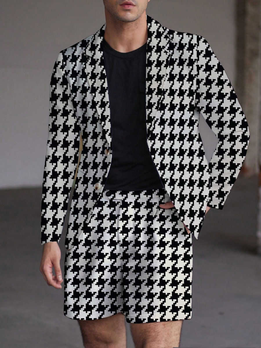 Men's Fashion Business Casual Geometric Printed Lapel Collar Long-Sleeved Two-Piece Suits