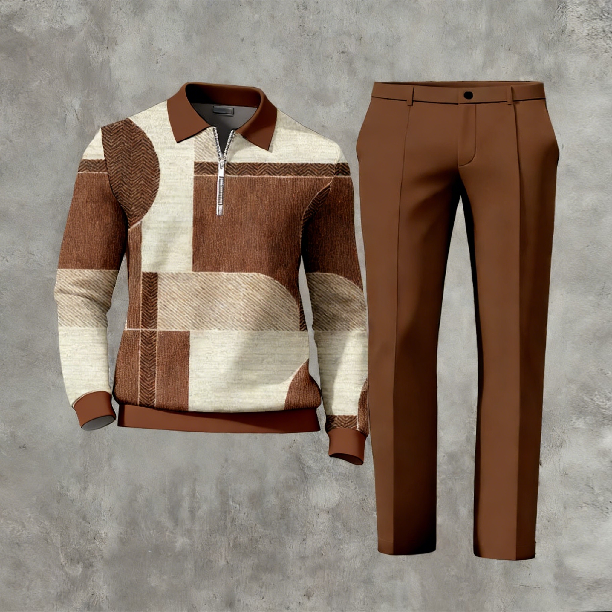 Men's Casual Multi Color Matching Geometric Printed Zipper Long Sleeved Polo Shirt & Trousers Two-Piece Set