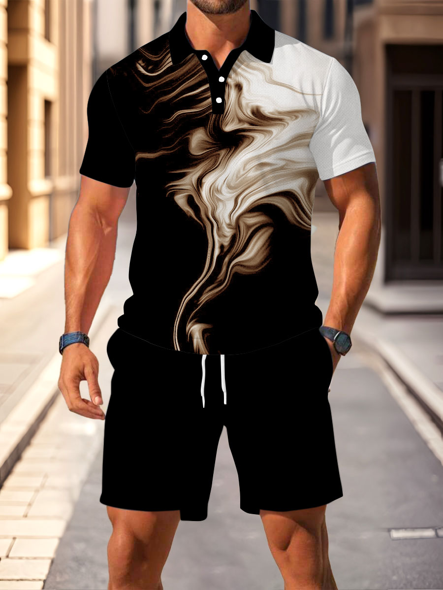 Men's Fashion Casual Polo Collar Geometric Printed Short-Sleeved Two-Piece Set