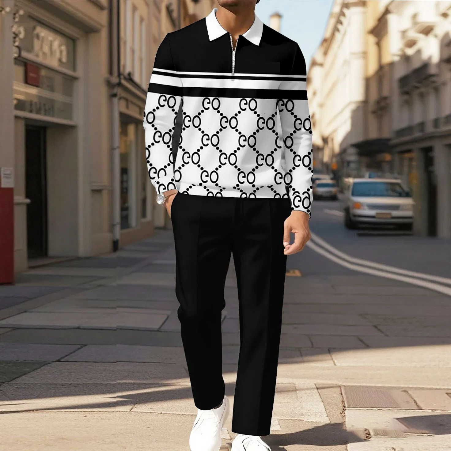 Men's Casual Color Matching Printed Polo-Collar Zipper Long Sleeved Trousers Two-Piece Set 929