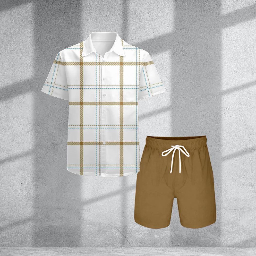 Men's Casual Khaki & White Color Matching Checket Print Short-Sleeve S ...