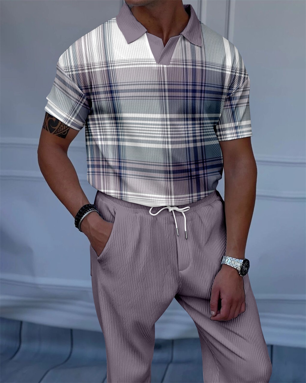 Men's Luxury Casual Textured Polo Short Sleeve Suit - 087