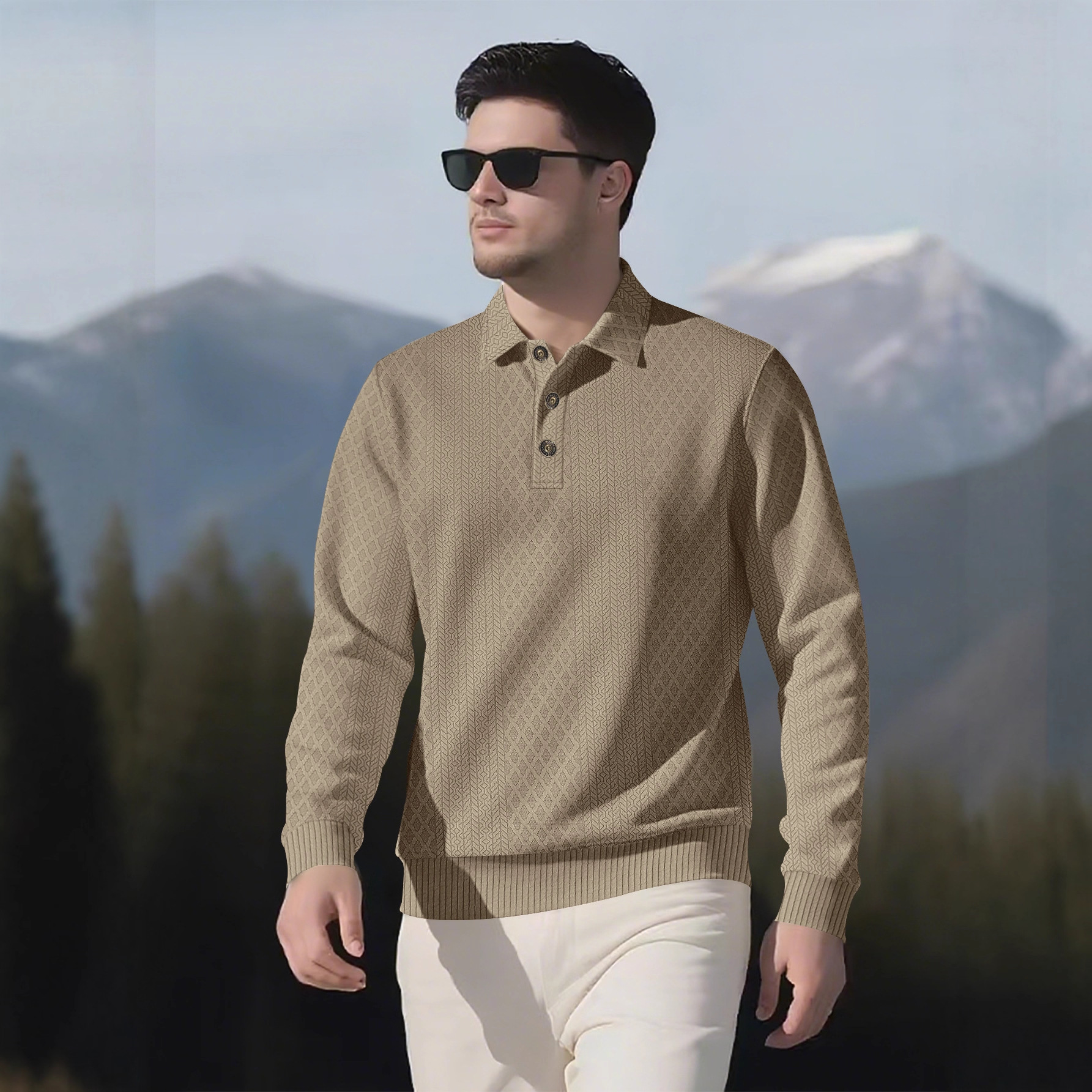 Men's Casual Solid Color Lapel-Collar Long Sleeved Jacquard Polo Shirts