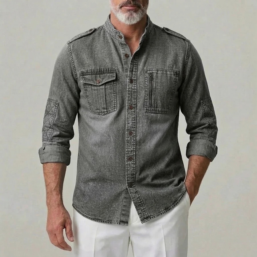 Men's Casual Solid Buttons Utility Pockets Stand Collar Dark Gray Long Sleeve Shirt
