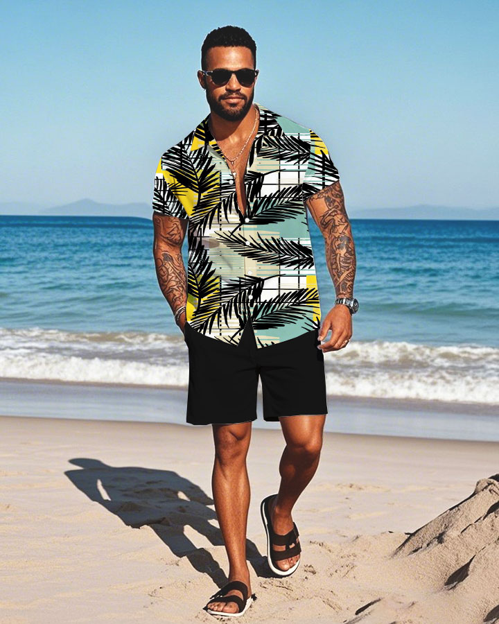 Men's Fashion Casual Lapel Collar Geometric Printed Short-Sleeved Two-Piece Set