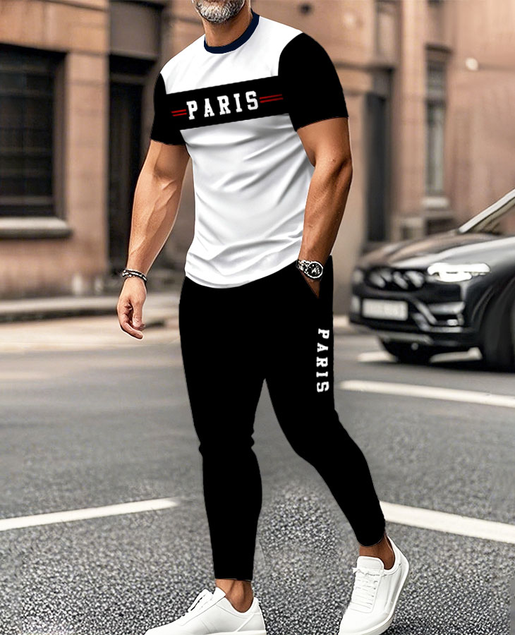 Men's Fashion Casual Color Matching Striped Printed Short Sleeved Trousers Two-Piece Set