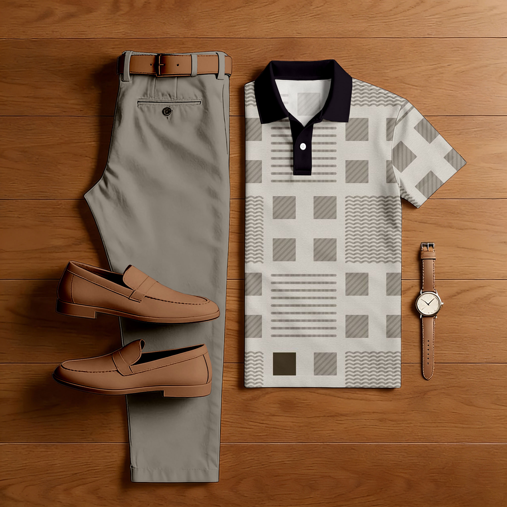 Men's Casual Khaki & Black Color Matching Checkered Printed Short Sleeved Polo Shirt & Trousers Two-Piece Set