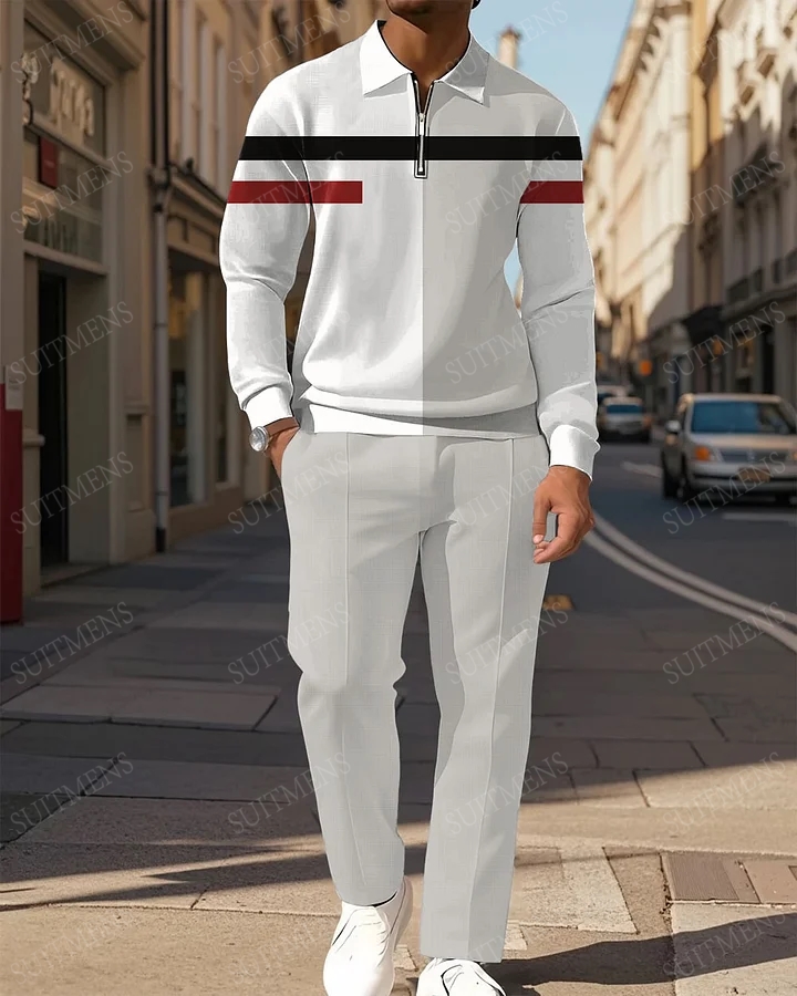 Men's Apricot Stripe Printed POLO Long Sleeve Trousers Two-Piece Set