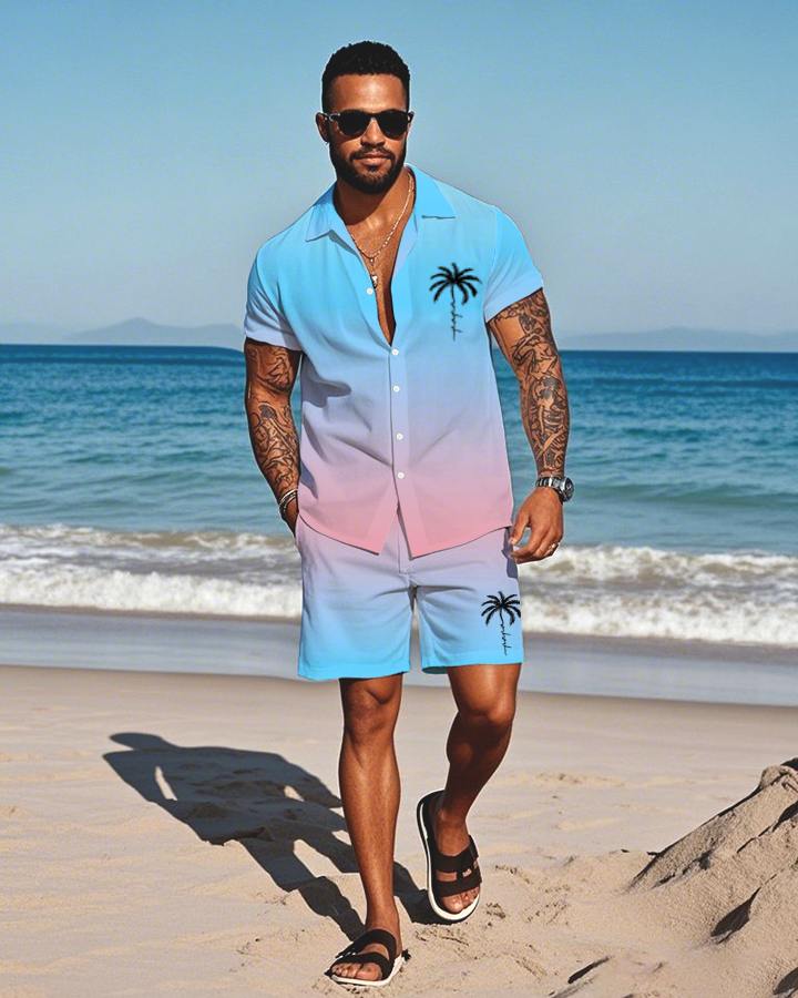 Men's Fashion Casual Lapel Collar Geometric Printed Short-Sleeved Two-Piece Set