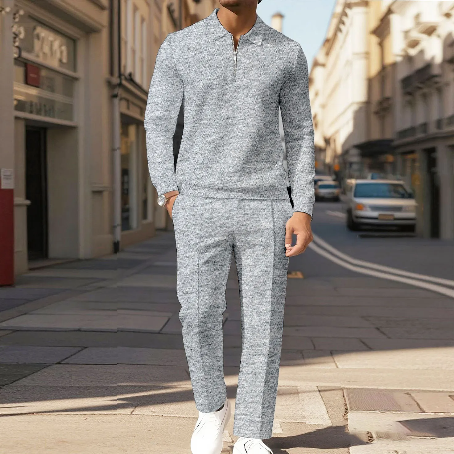 Men's Casual Color Matching Printed Polo-Collar Zipper Long Sleeved Trousers Two-Piece Set