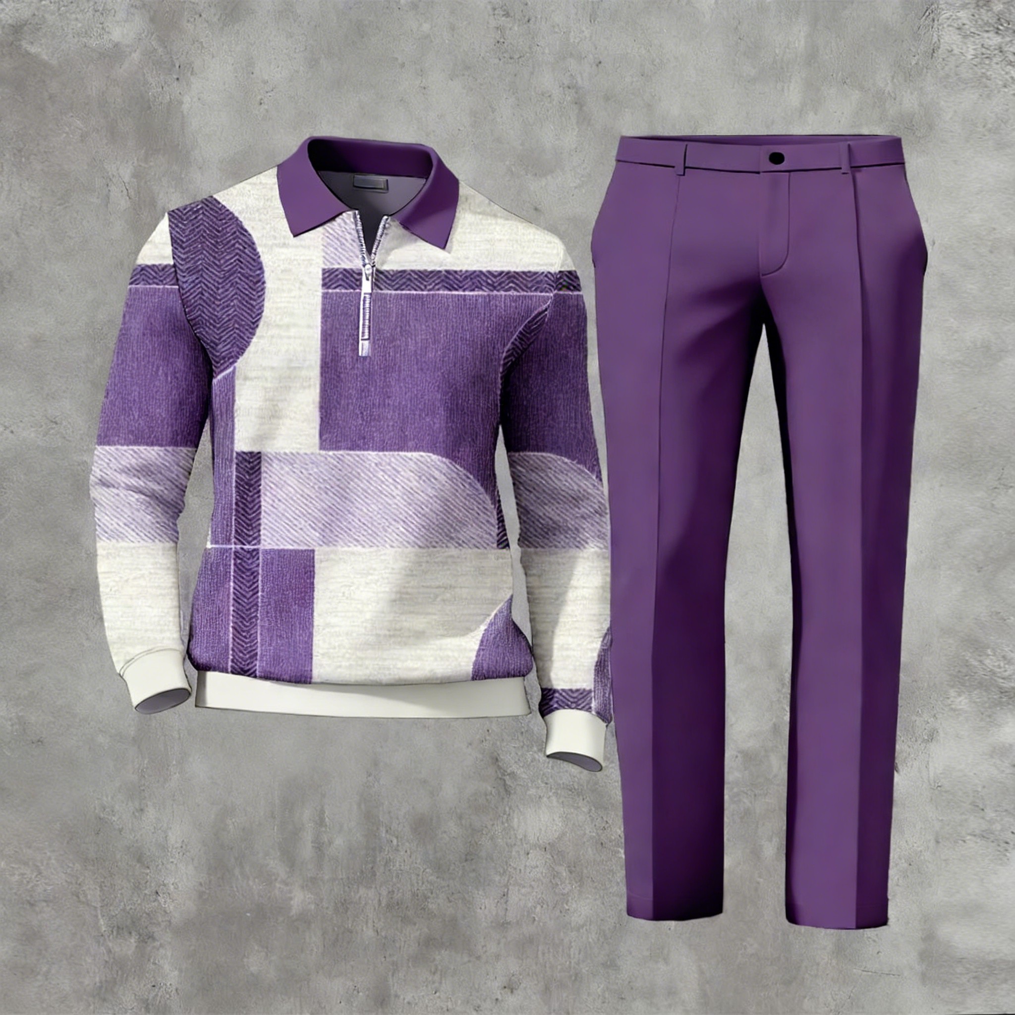 Men's Casual Multi Color Matching Geometric Printed Zipper Long Sleeved Polo Shirt & Trousers Two-Piece Set