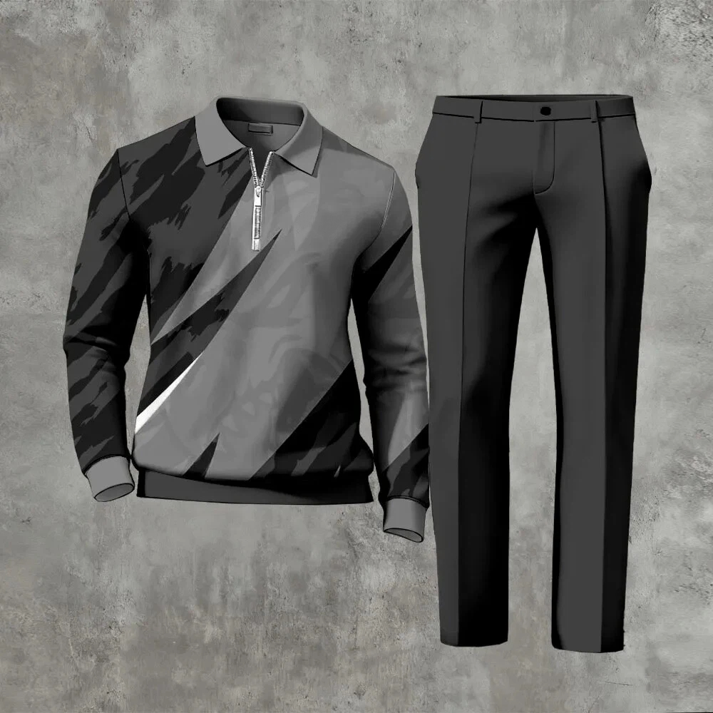 Men's Casual Color Matching Printed Polo-Collar Zipper Long Sleeved Trousers Two-Piece Set