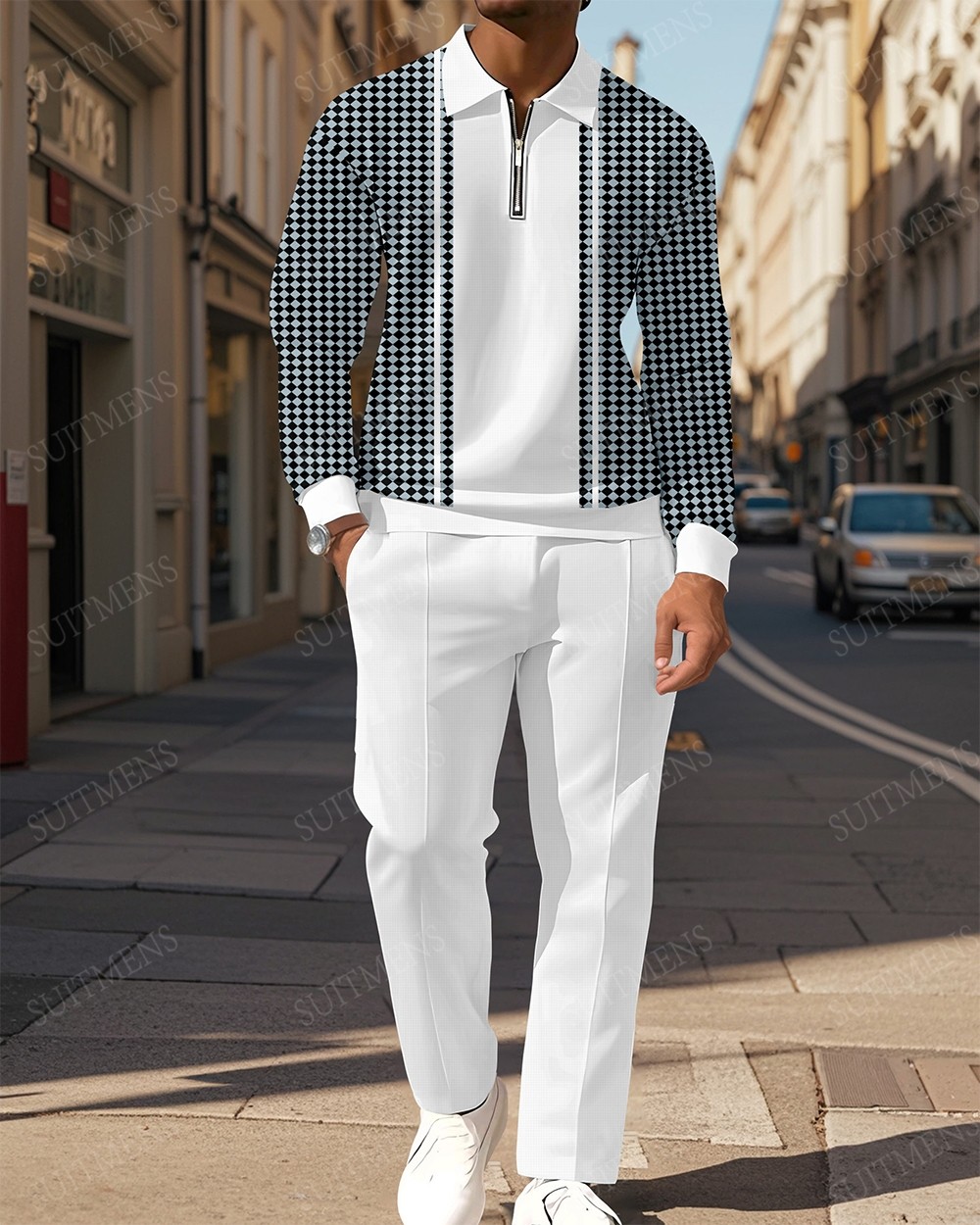 Men's Casual Colorblock Personalized Long Sleeve Polo Shirt Set  009