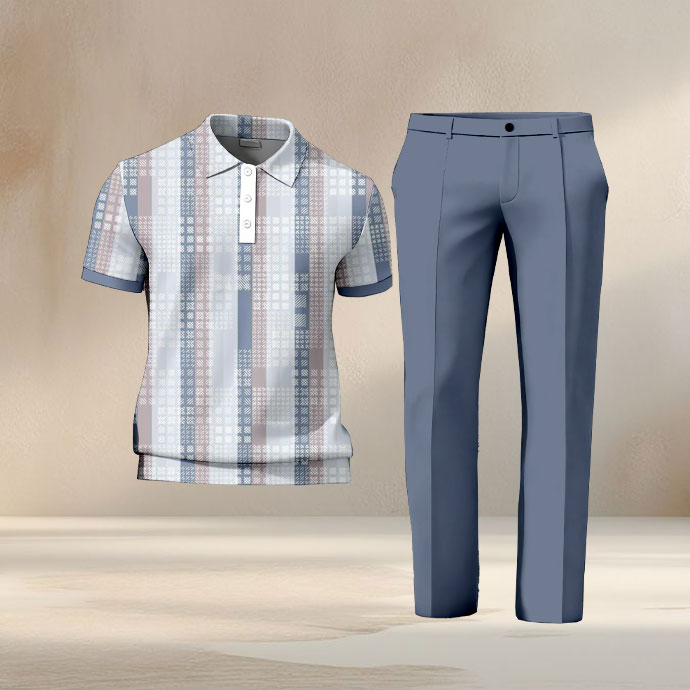 Men's Casual Blue Multi Color Matching Checkered Printed Zipper Short Sleeved Polo Shirt & Trousers Two-Piece Set