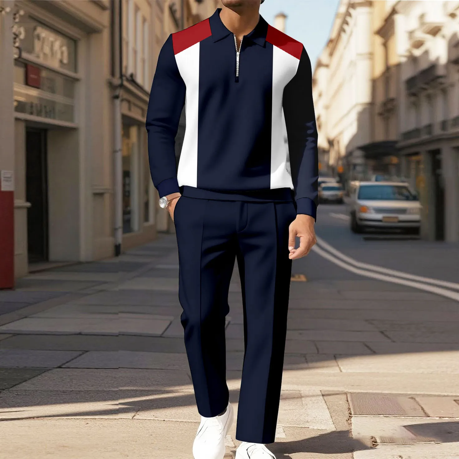 Men's Casual Color Matching Printed Polo-Collar Zipper Long Sleeved Trousers Two-Piece Set 1015