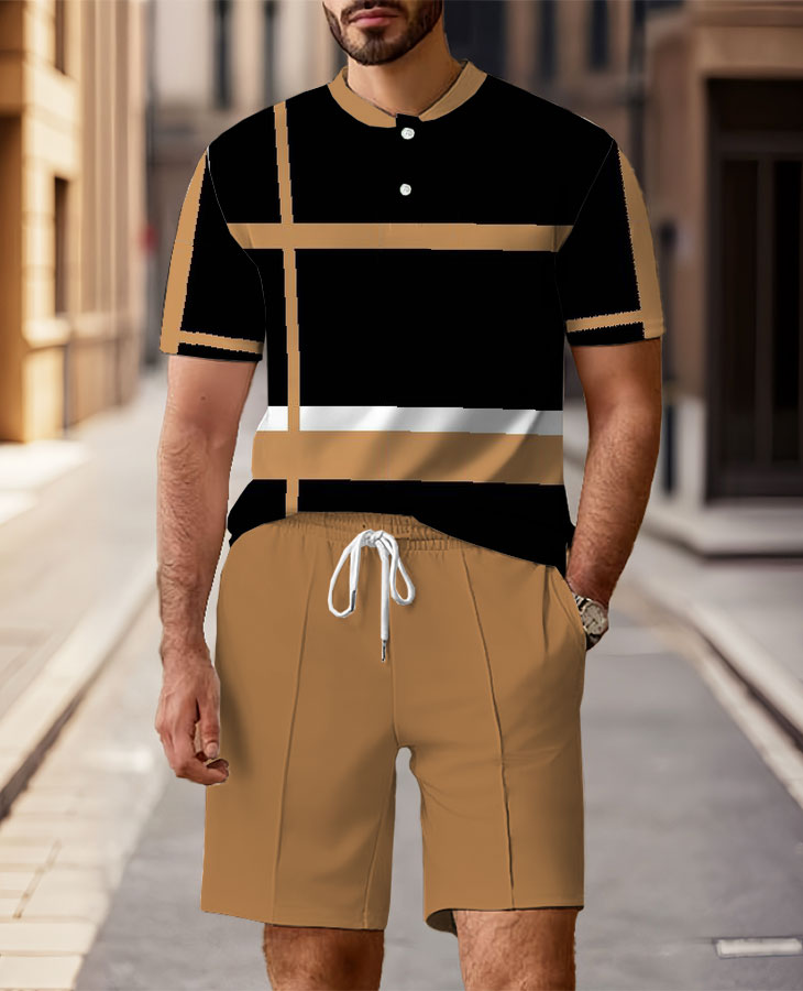 Men's Fashion Casual Round-Neck Geometric Printed Short-Sleeved Two-Piece Set