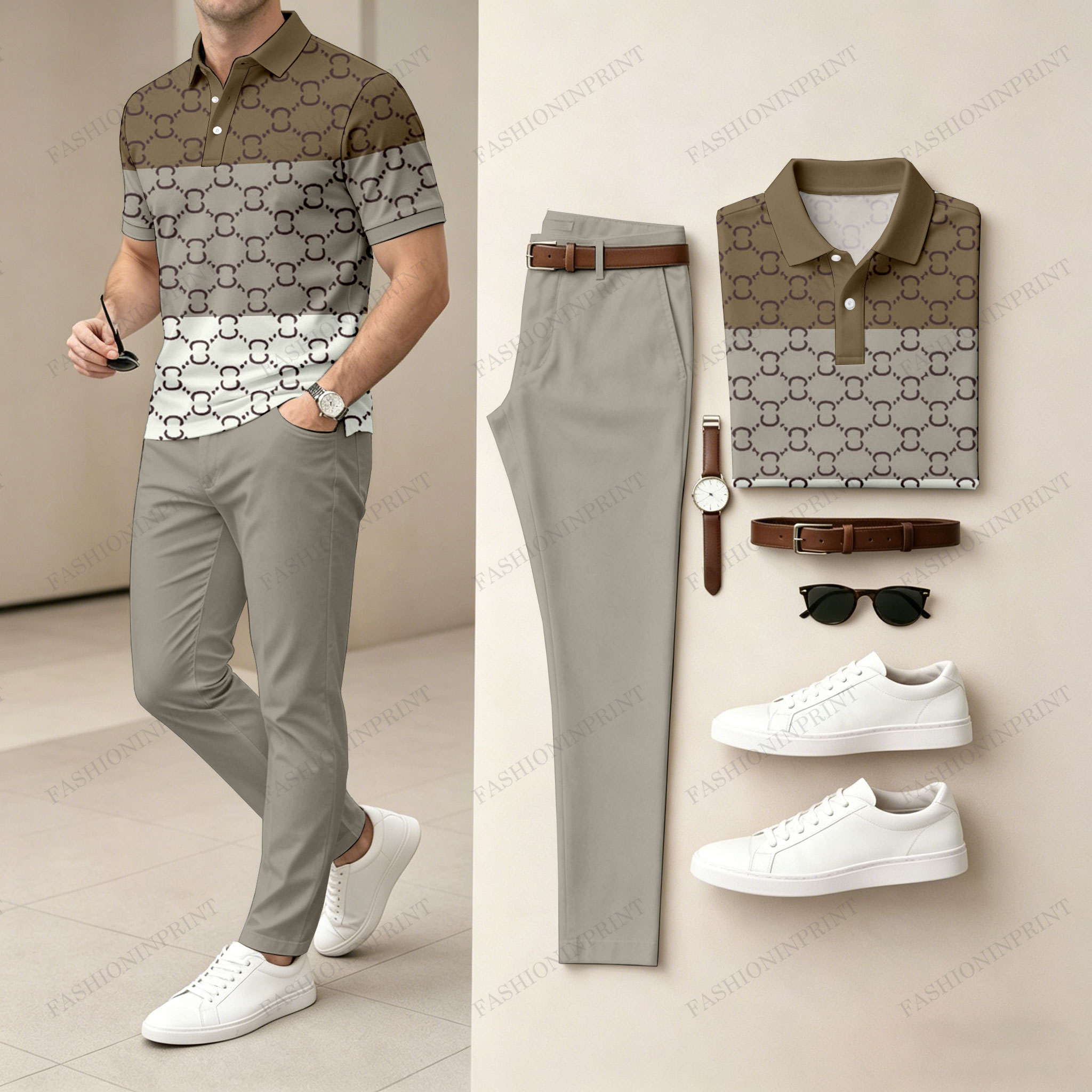 Men's Casual Dark Brown & Gray Plaid Printed Polo Shirt And Pants Two-Piece Set!205456