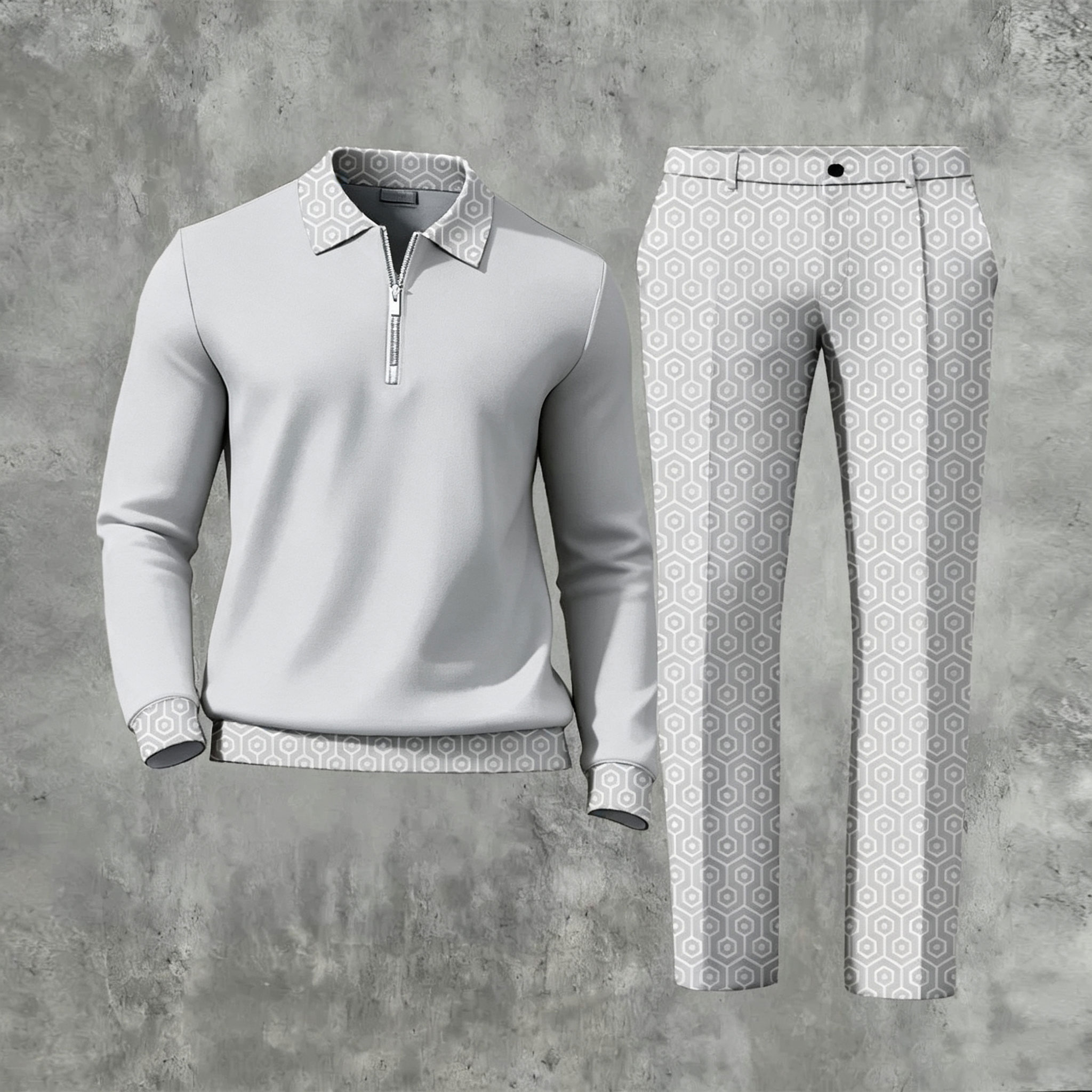 Men's Casual Color Matching Printed Polo-Collar Zipper Long Sleeved Trousers Two-Piece Set 1120