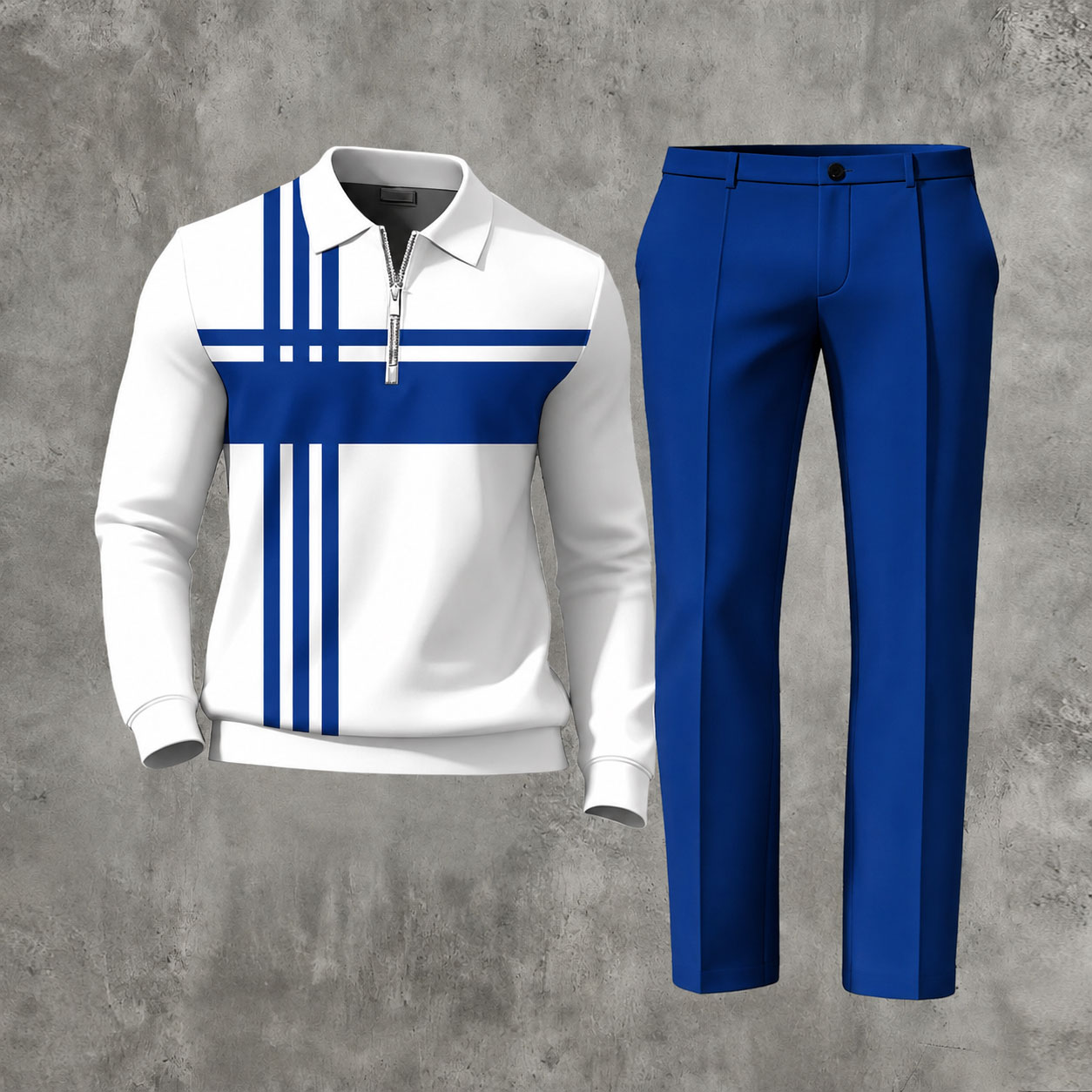 Men's Casual Maroon & White Color Matching Striped Printed Polo-Collar Zipper Long Sleeved Trousers Two-Piece Set