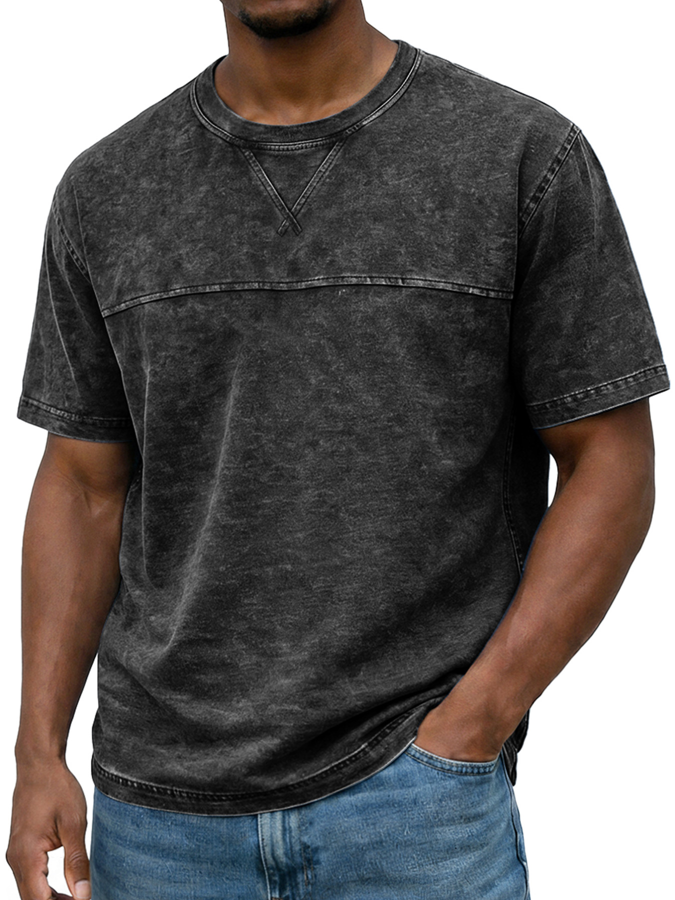 Men's Vintage Round Neck Short-sleeved T-shirt With Contrasting Stitching Design