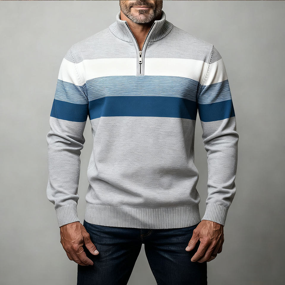 Men's Contrast Color Stand Collar Zip Long Sleeve Fleece Sweatshirt