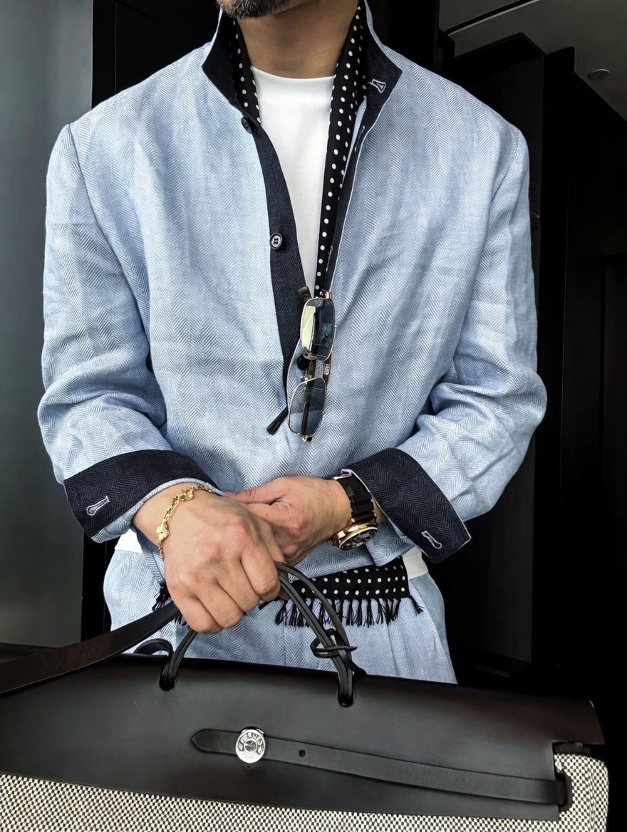 Premium Linen Mandarin Collar Suit