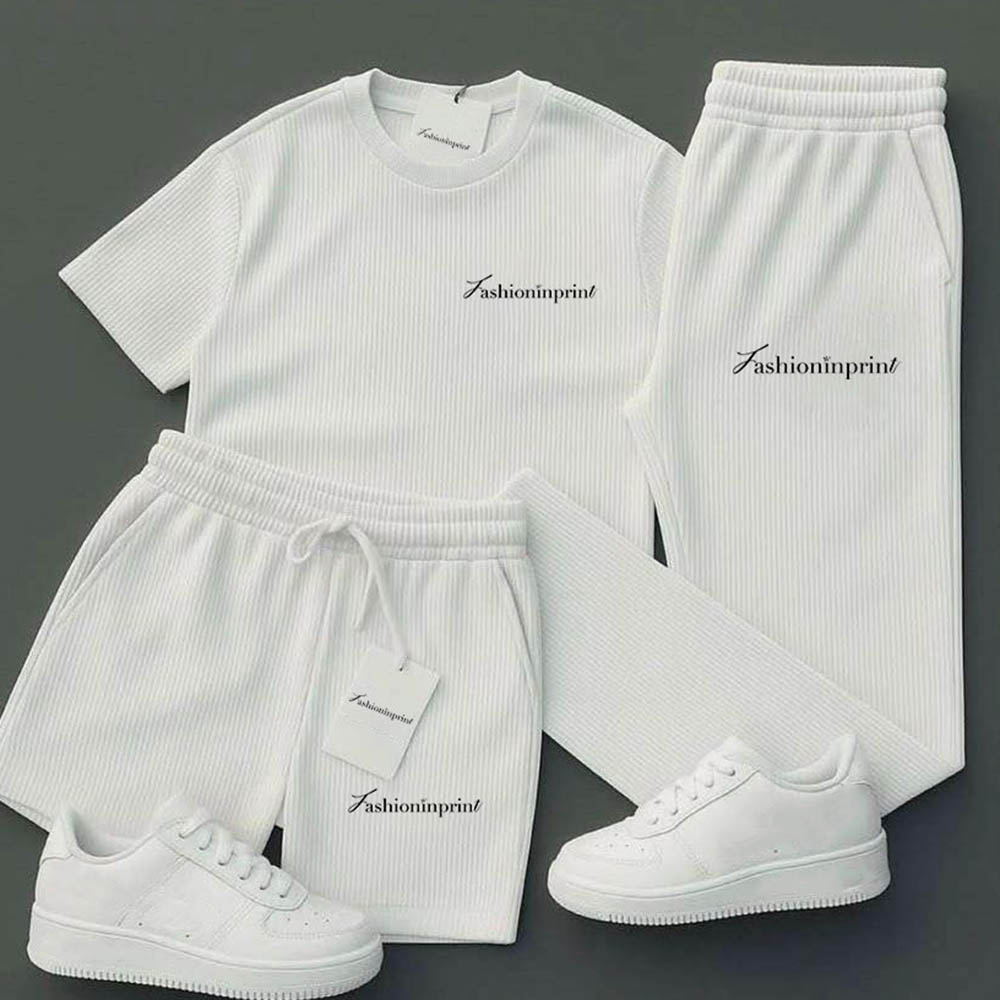 Men's Casua Striped Short Sleeves White T-Shirt & Shorts And Pants Three Piece Set