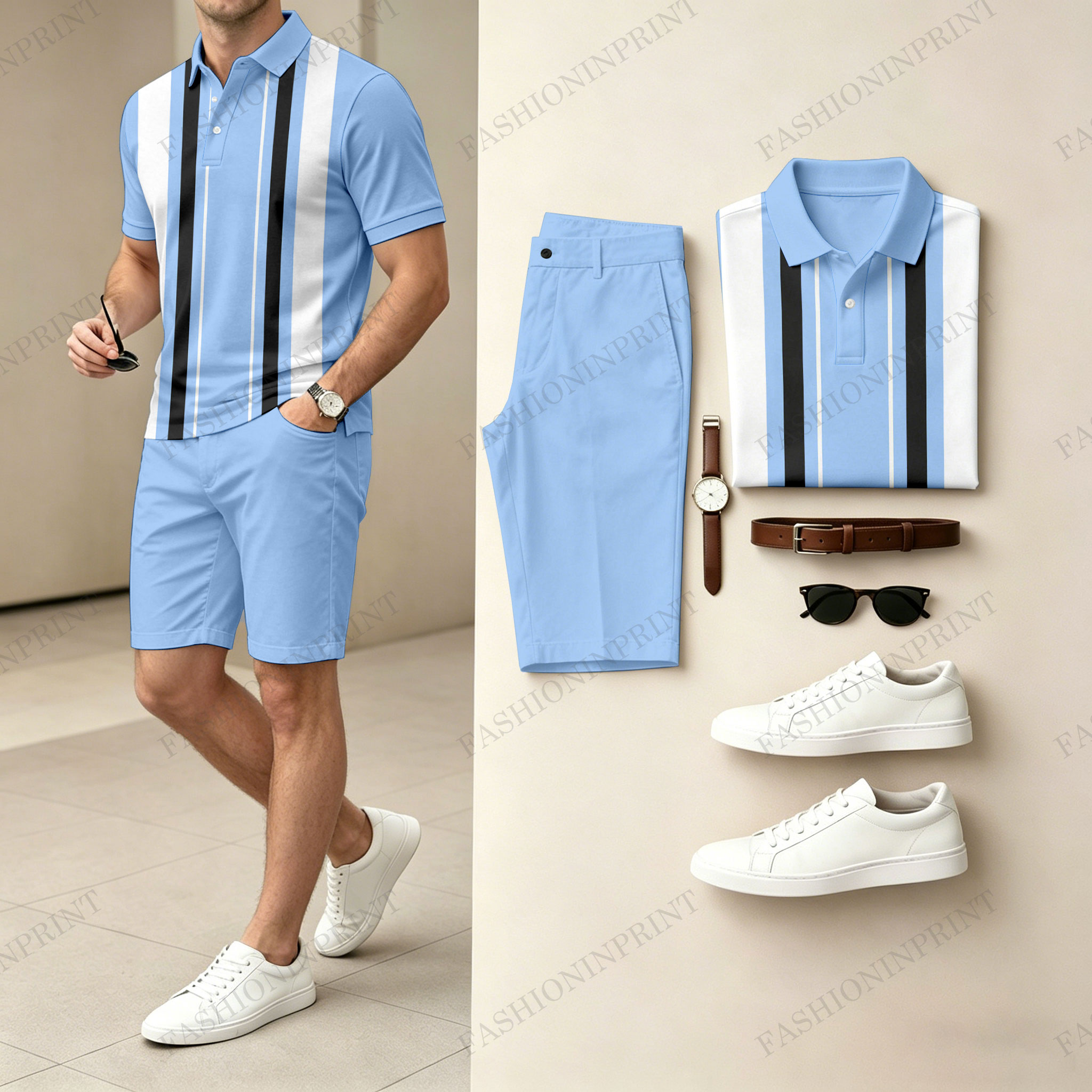Men's Casual Geometric Color Polo Shirt & Shorts Two-Piece Set