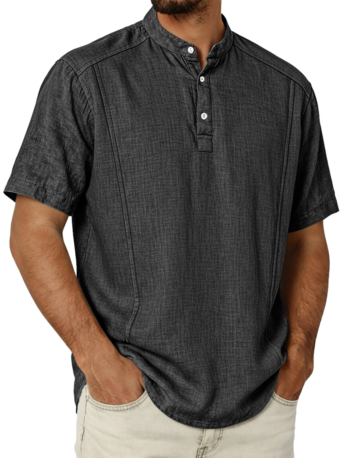 Men's Cotton And Linen Deconstructed Design Casual And Comfortable Short-sleeved Henley Shirt