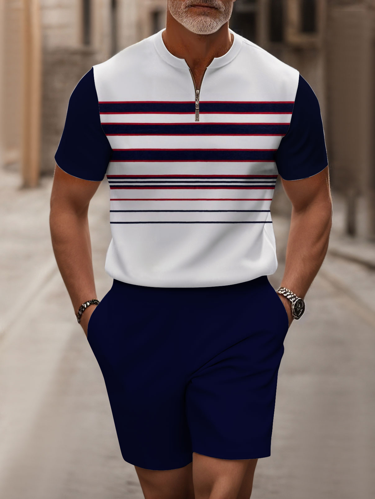 Men's fashion casual round-neck zipper geometric printed short-sleeved two-piece set