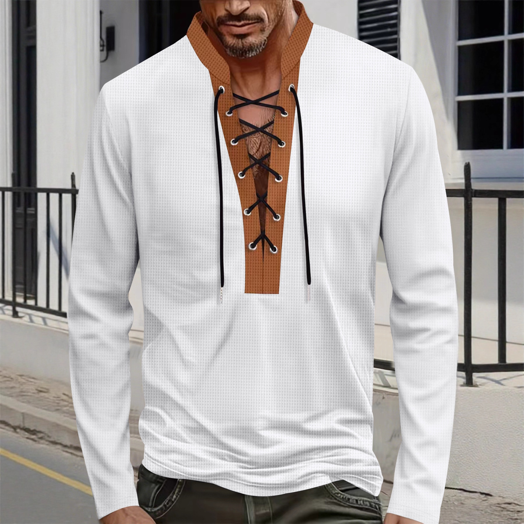 Men's Casual Solid Color Waffle V-Neckb Bandage Long Sleeved T-Shirts