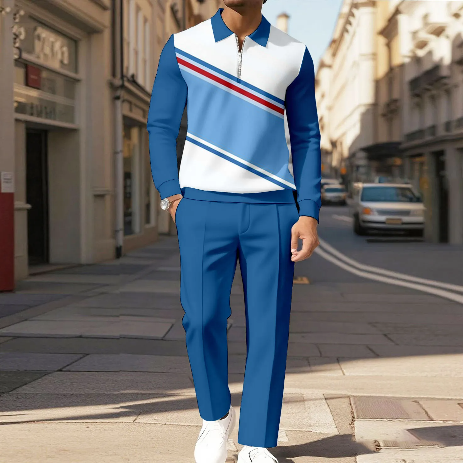 Men's Casual Color Matching Printed Polo-Collar Zipper Long Sleeved Trousers Two-Piece Set