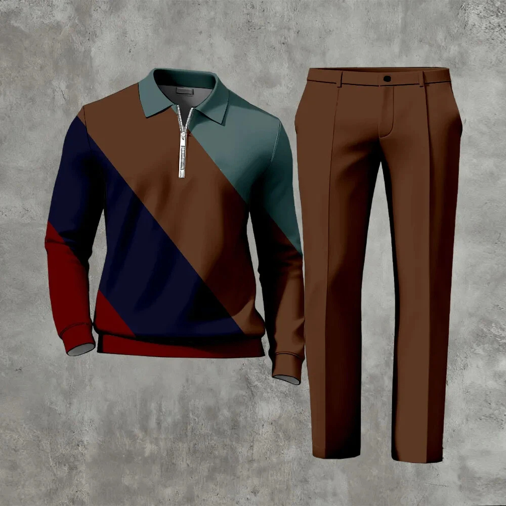 Men's Casual Color Matching Printed Polo-Collar Zipper Long Sleeved Trousers Two-Piece Set