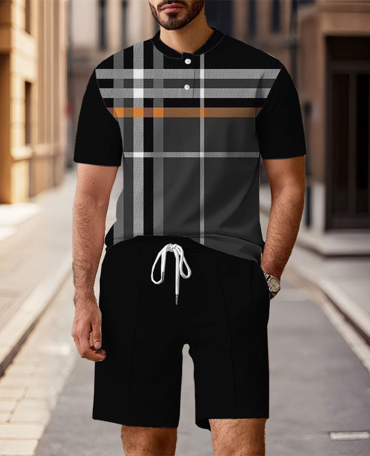 Men's Fashion Casual Round-Neck Geometric Printed Short-Sleeved Two-Piece Set