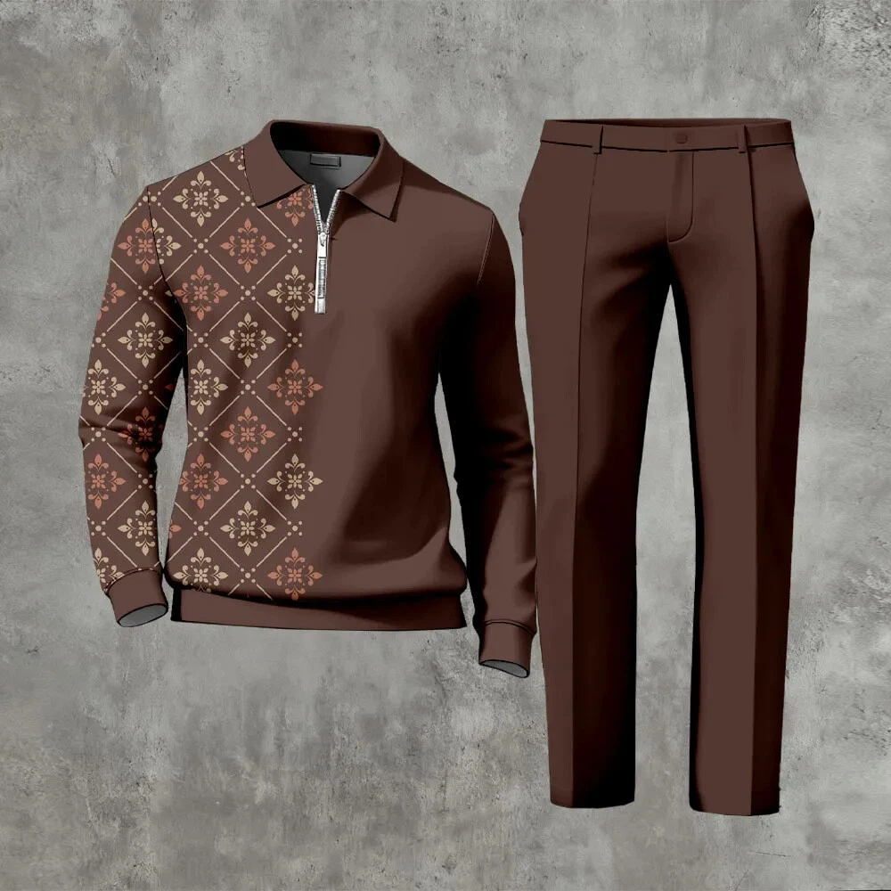 Men's Casual Color Matching Printed Polo-Collar Zipper Long Sleeved Trousers Two-Piece Set