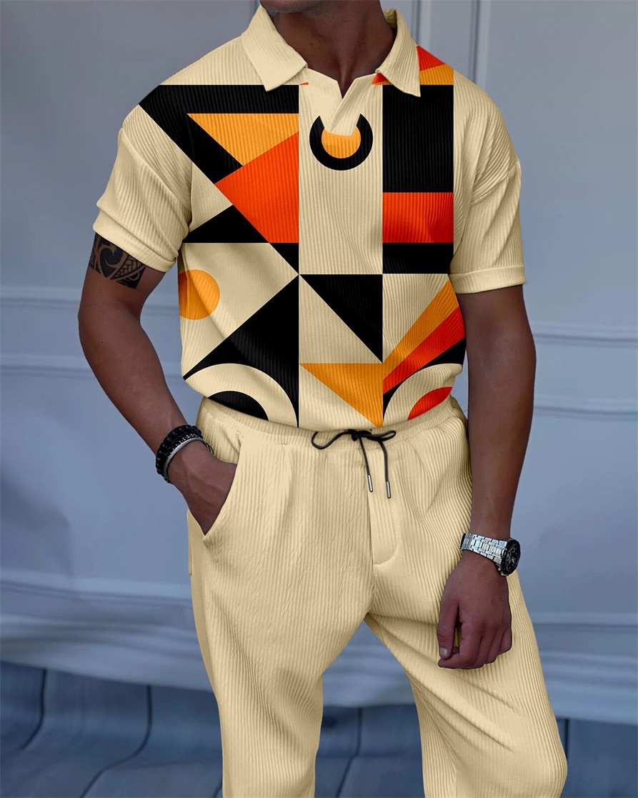 Men's Luxury Casual Textured Polo Short Sleeve Suit - 095