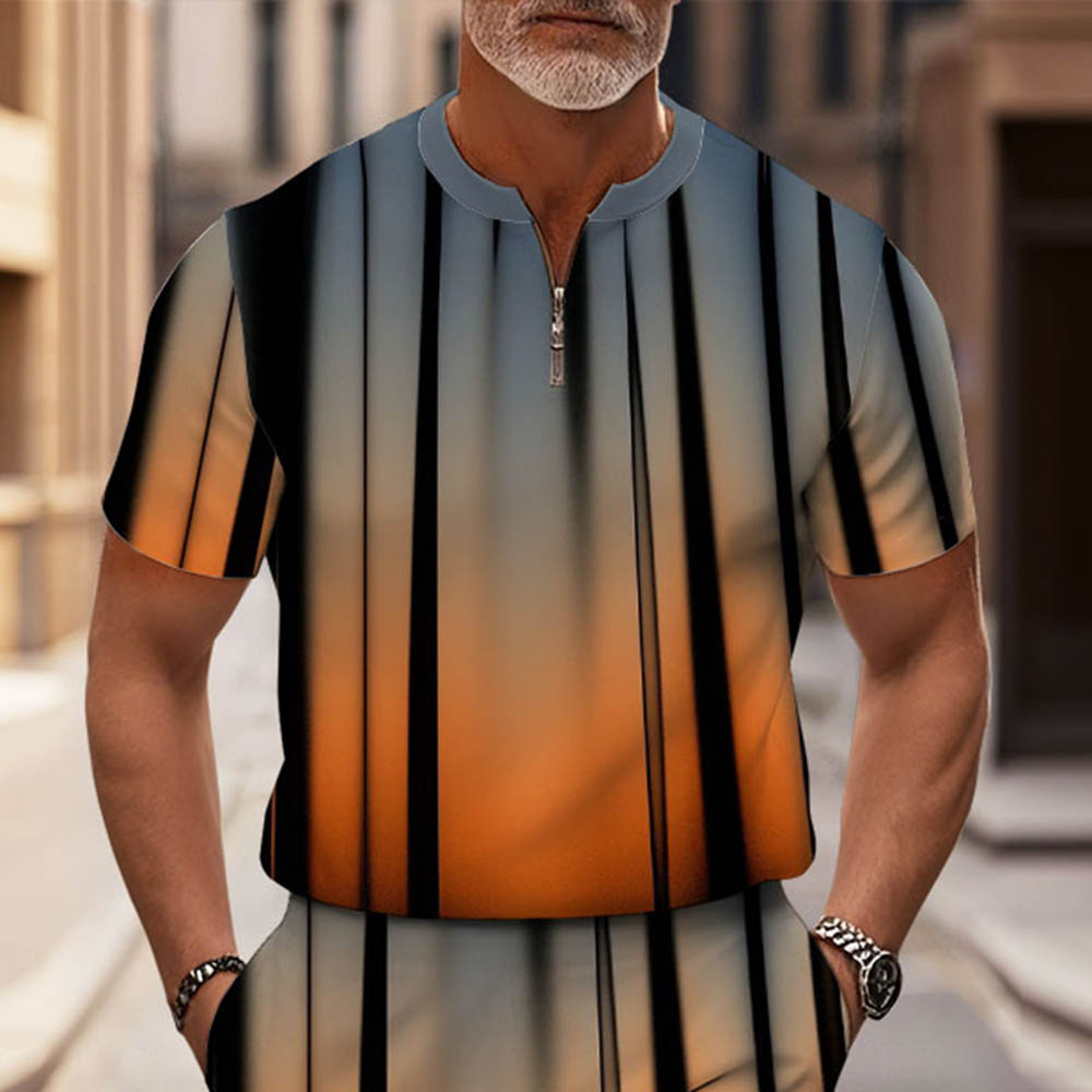 Men's Fashion Casual Round-Neck Geometric Printed Short-Sleeved Two-Piece Set