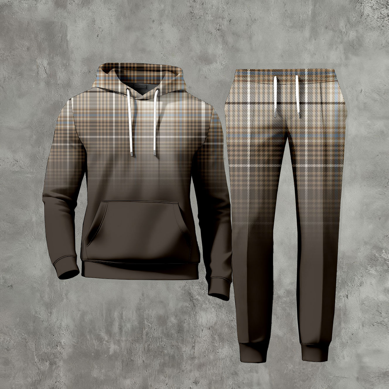 Men's Casual Gradient Plaid Printed Long-Sleeved Hoodies Sweatshirt & Trousers Coffee Two-Piece Set