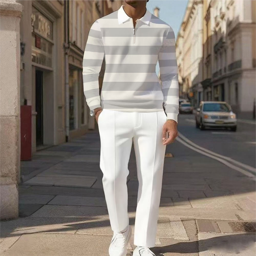 Men's Casual Color Matching Printed Polo-Collar Zipper Long Sleeved Trousers Two-Piece Set 1014