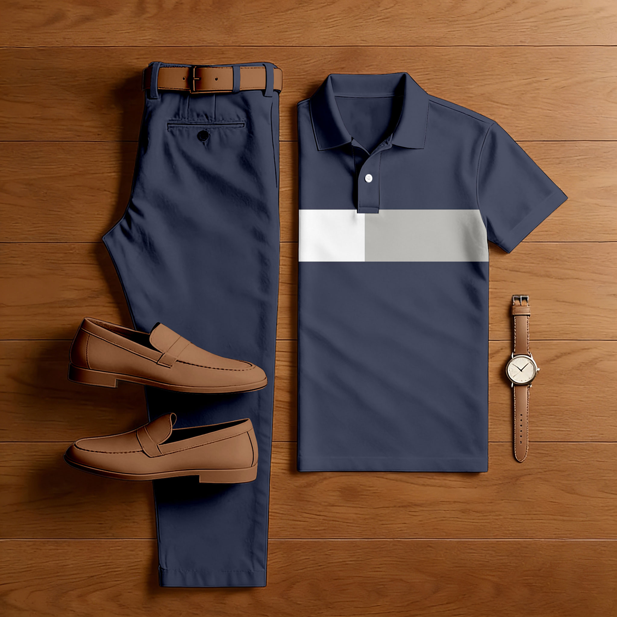 Men's Casual Navy Blue Color Matching Printed Short Sleeved Polo Shirt & Trousers Two-Piece Set