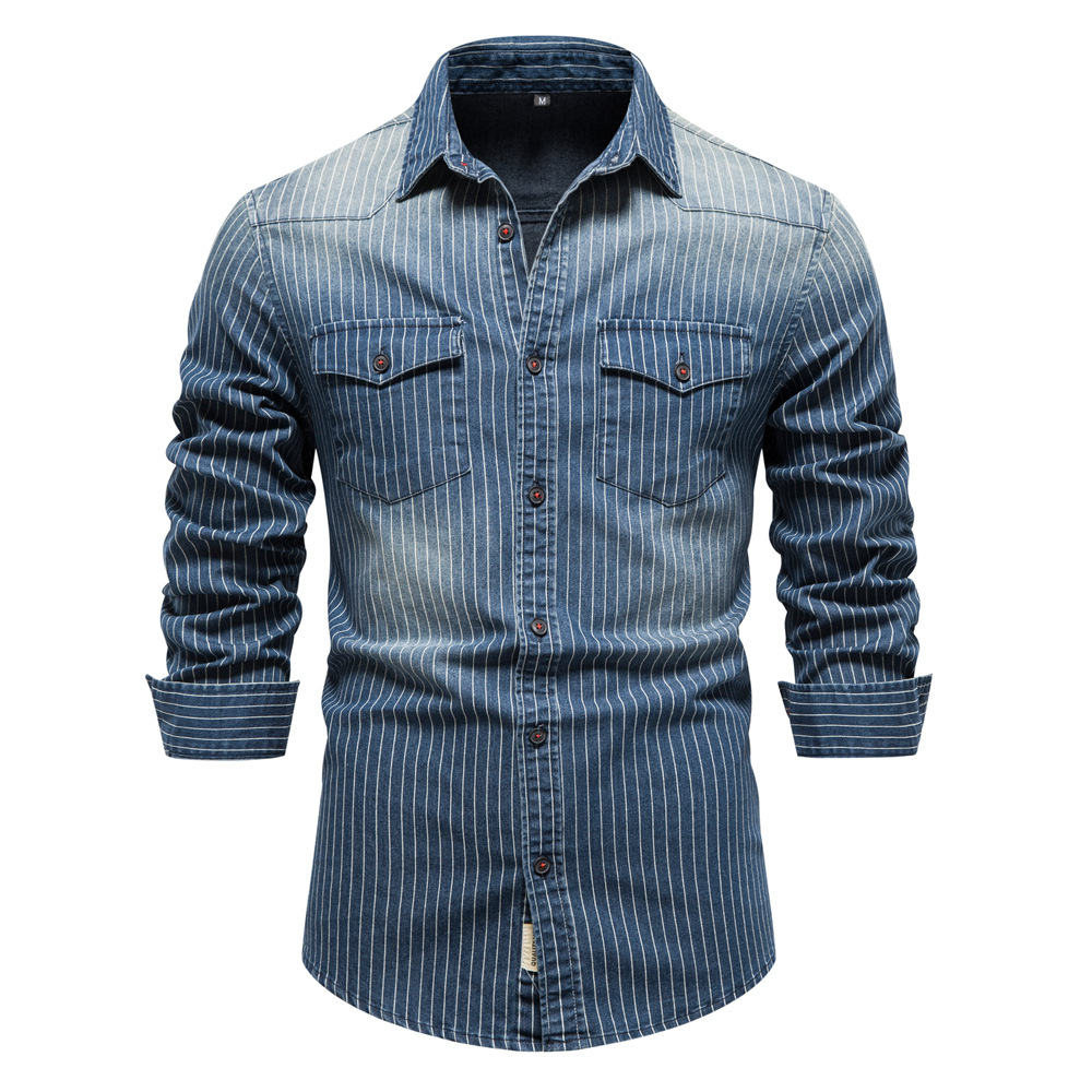 Men's Washed Distressed Striped Denim Shirts