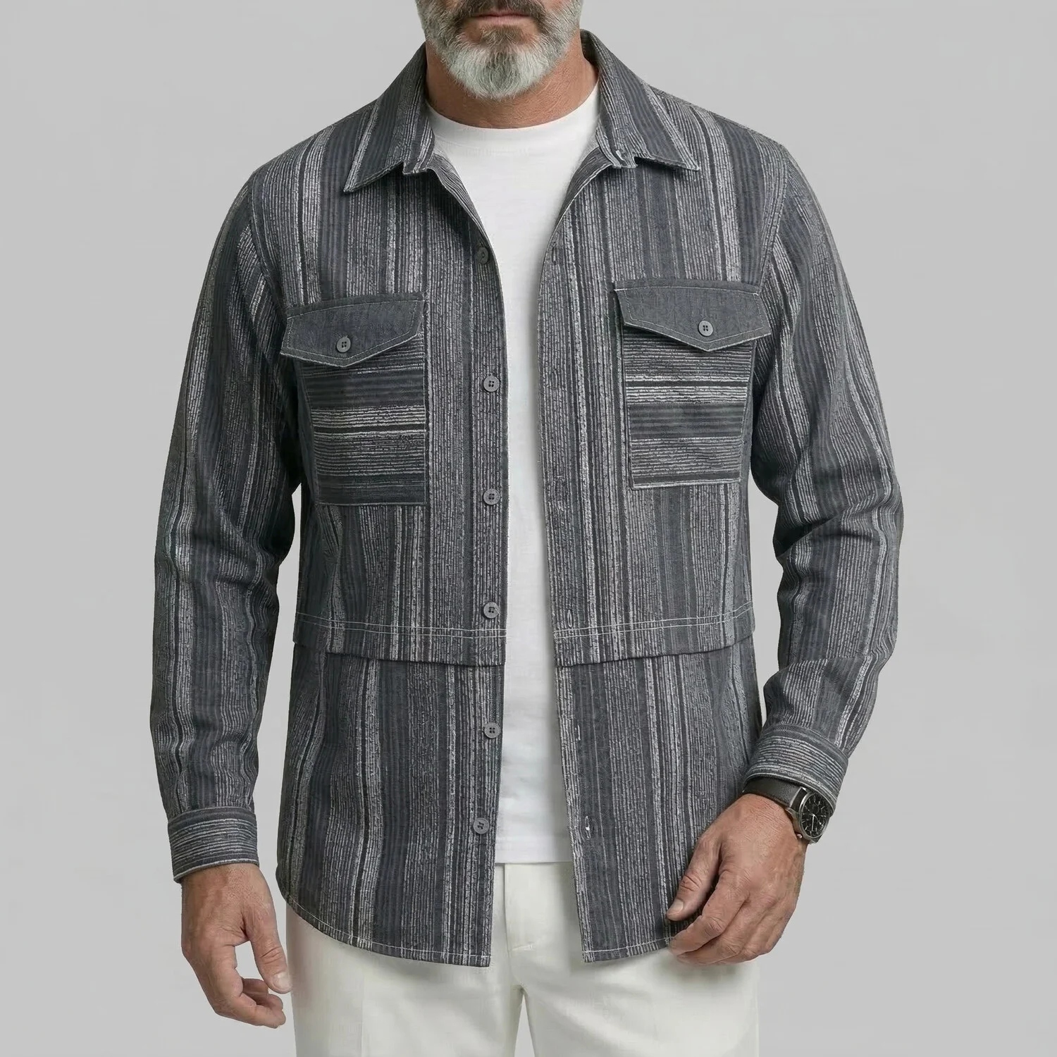 Men's Casual Dim Gray Striped Print Flap Pockets Turndown Collar Shirt