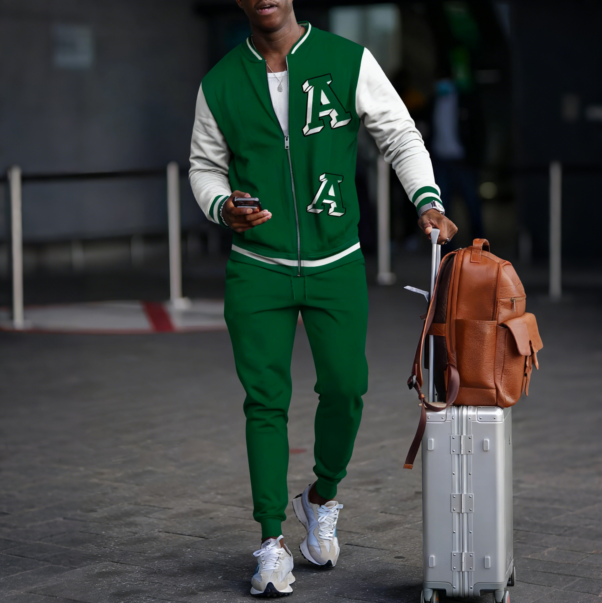 Men's fashion casual geometric print zipper jacket set